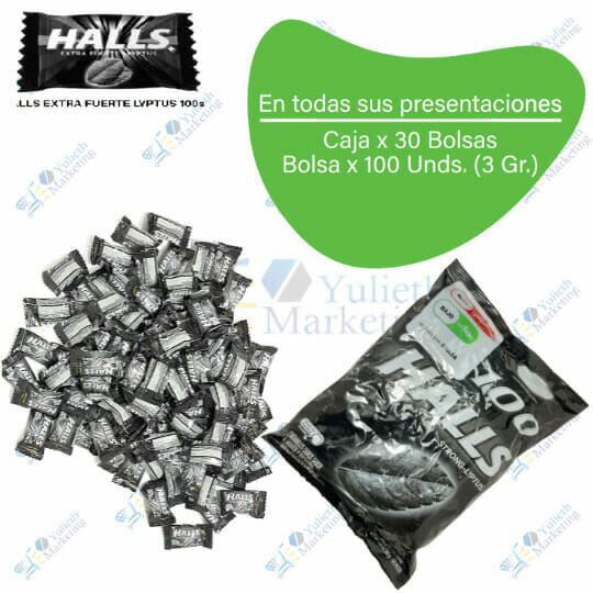 Halls Caramelo Duro Extra Fuerte EC caja X 30 Fundas x 100u 300g